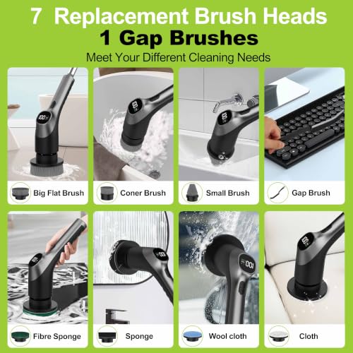 Image of WKY-Electric Spin Scrubber - 10-in-1 Cordless Shower Scrubber & Cleaning Brush with Extendable Handle, 42 in-lbs Ultra High Torque, 2 Speeds, IPX7, LED Display, Smart AI Chip, for Bathroom, Kitchen