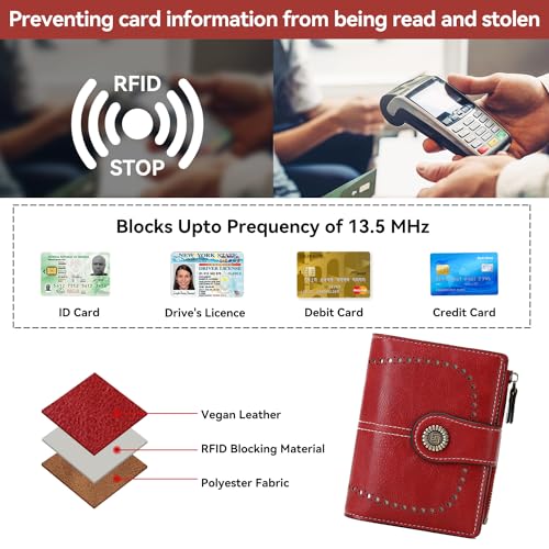 Womens Wallet Small Bifold Leather Pocket Wallet Large Capacity Rfid Blocking Card Holder Zipper Coin Purse with 16 Card Slots & 2 ID Window-Red4