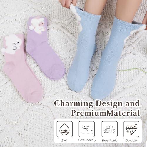 Fuzzy Cute Socks for Women Girls - Winter Warm Fluffy Cozy Home Sleeping Socks Soft Slipper Indoor Crew Socks 3 Pairs3