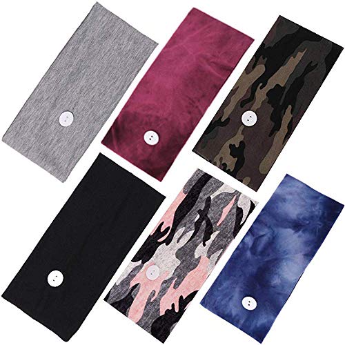 6 PACK Headband with Buttons for Face Cover Ear Saver Non Slip Stretch Cotton Elastic Hairband for Nurse Doctor Women Men's Headwrap Holder Yoga Sport Wortkout Hair Accessories