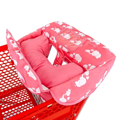 Image of Love&go Soft Pillow Attached 2-in-1 Shopping Cart and High Chair Cover for Baby, Cotton Padded Cart Cover, Fold'n Roll Style, Portable with Carry Bag (Pink Elephant)