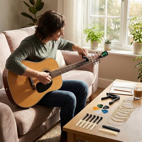 Image of IMAGINEA Acoustic Guitar Accessories Tool Kit Including 3 Guitar Strings, Tuner, Capo, 3 in1 Resetting Winder Tool, Bridge Pins, Guitar Nuts Saddle (Black and White) & 5 Picks