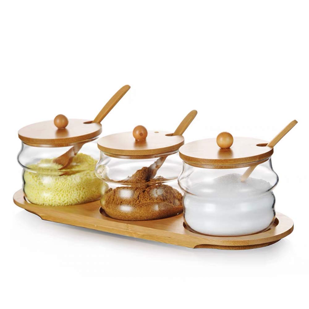 Bambus-Küchen-Aufbewahrungsdosen-Set, 3-teilig, Gewürzbox und Glas für Salz, Gewürze und Kräuter, stilvoller Haushalt (25 x 9,5 x 7,5 cm)