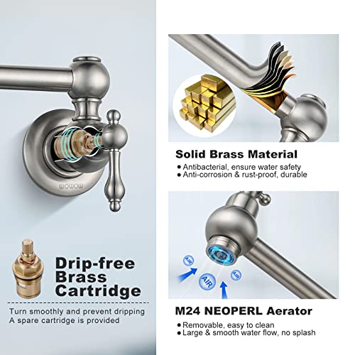 Wowow Pot Filler Faucet Wall Mount Brass Faucets Kitchen Commercial Faucet Folding Kitchen Faucet Lead-Free Restaurant Faucets Copper 2 Handles Brushed Nickel Double Joint Swing Arm Faucet #TOP4