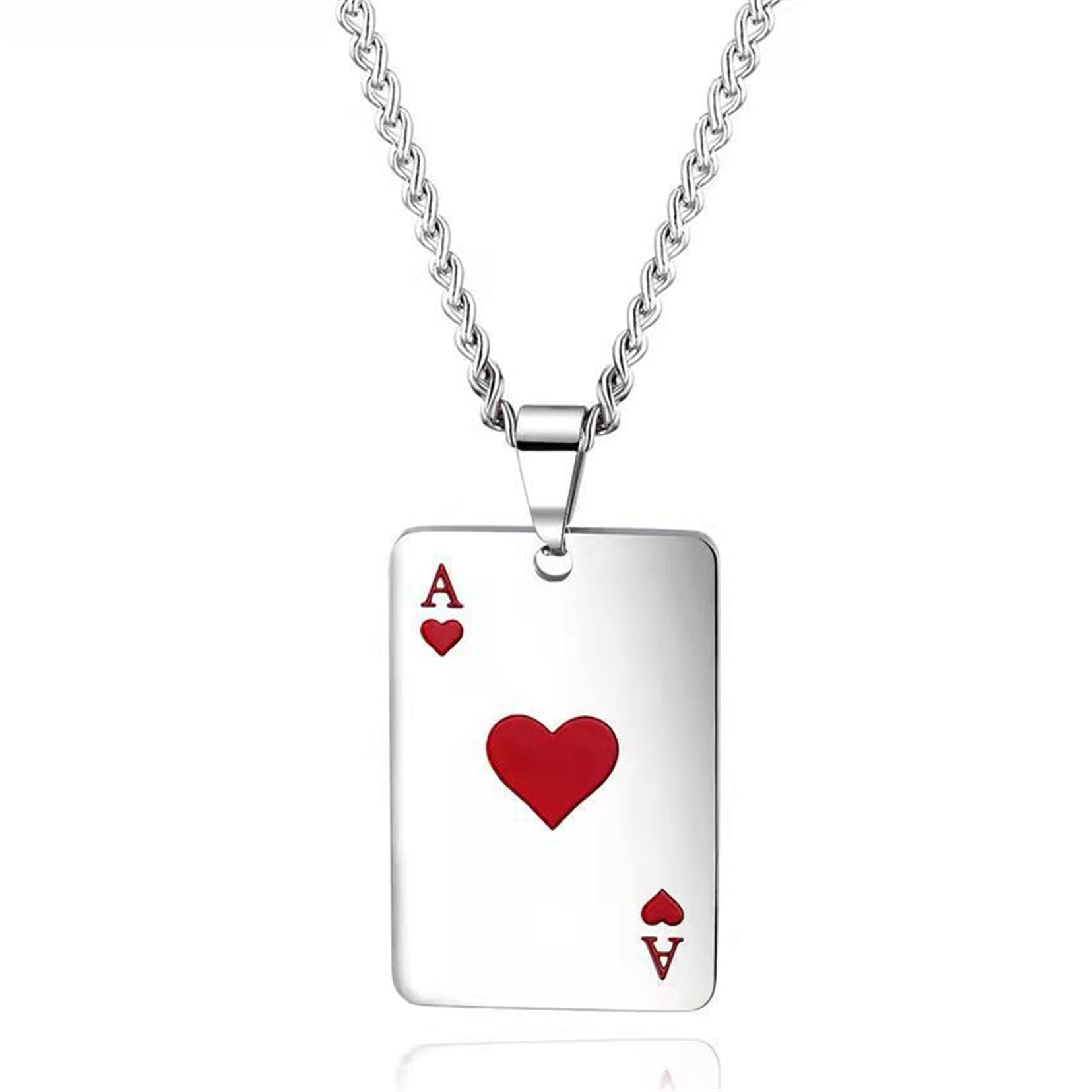 HMOOYHMOOY Ace of Spades Necklace, Stainless Steel Silver Playing Poker Card Pendant Necklace Lucky Punk Rock Poker Necklace Cool Ace Pendant Necklace Hip Hop Jewellery for Men Women (Red)