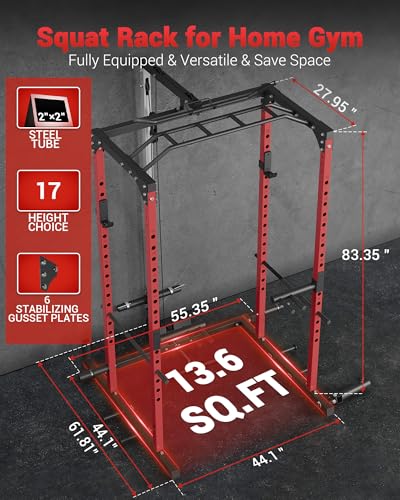 Power Cage, Power Racks for Home Gym with Pulley System, 1200LBS Weight Capacity Multi-Functional Squat Rack for Strength Workout with More Training Attachment (Red D1002)