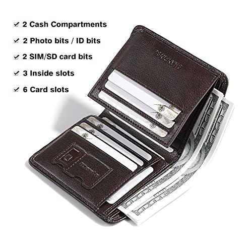 Image of Mens Trifold Leather RFID Blocking Wallet with 2 ID Windows 2 Cash Compartments 6-8 card slots 2-3 inside slots Large Capacity Wallet