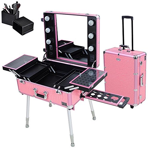 AW Rolling Studio Makeup Case w/Light Adjustable Height Artist Cosmetic Case Leg Mirror Pink Train Table
