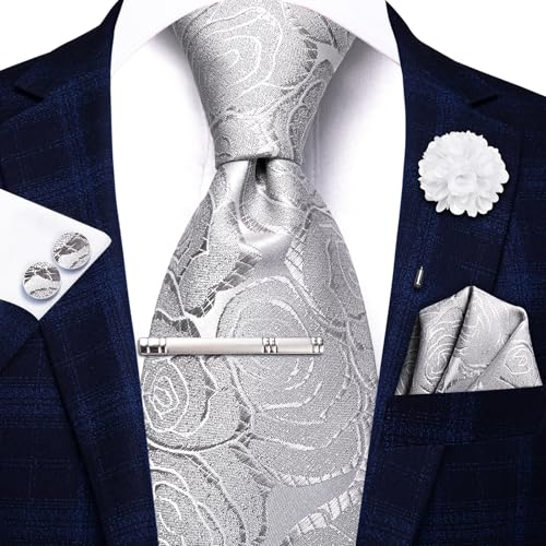 Image of Hi-Tie Silver Grey Floral Ties Set for Men Silk Jacquard Necktie and Pocket Square Lapel Pin Silver Tie Clip Cufflinks Set Wedding Business 6PCS