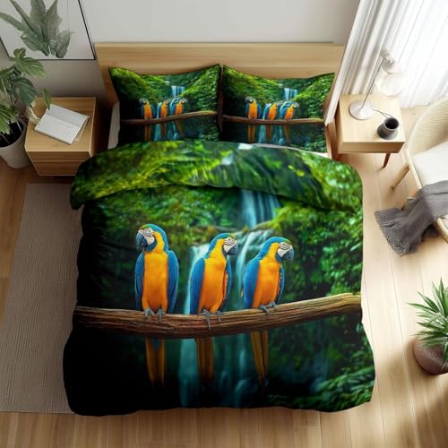 BJCJGGL 布団カバー セミダブル 青いオウム 掛け布団カバー 3点セットポリエステル 防ダニ 抗菌防臭 通気吸湿 布団カバー 170x210 cm + 2 枕カバー 43x63 cm