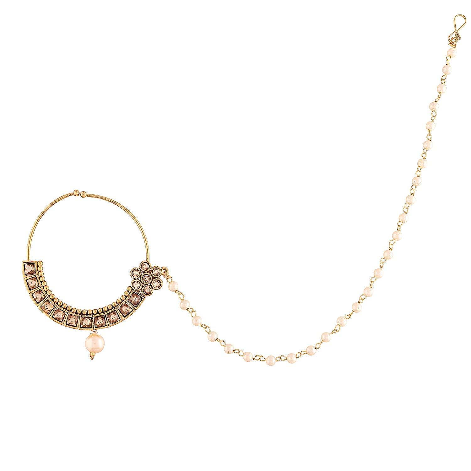 MPK Perfect Gold Plated Traditional Ethnic Bridal Nose Ring/Nath with Pearl Stone without piercing with Pearl Chain Encased for Women/Girls pack of 1 (B09VJJXJ21) Amazon Price History, Amazon Price Tracker