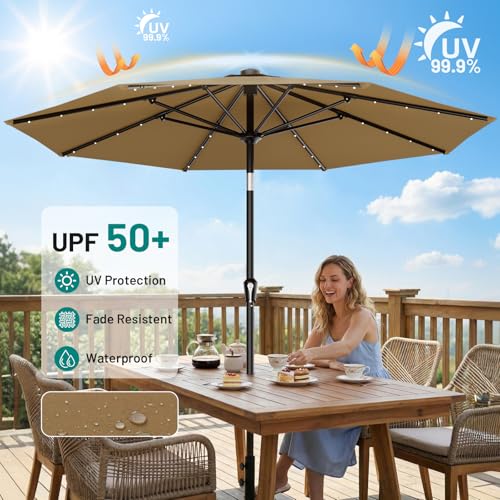 Image of AreShark 9FT Patio Umbrella with Solar Lights, 32 Lighted Pool Umbrella w /Tilt and Crank, Outdoor Market Solar Umbrellas for Garden, Deck, Backyard, Pool and Beach, Khaki