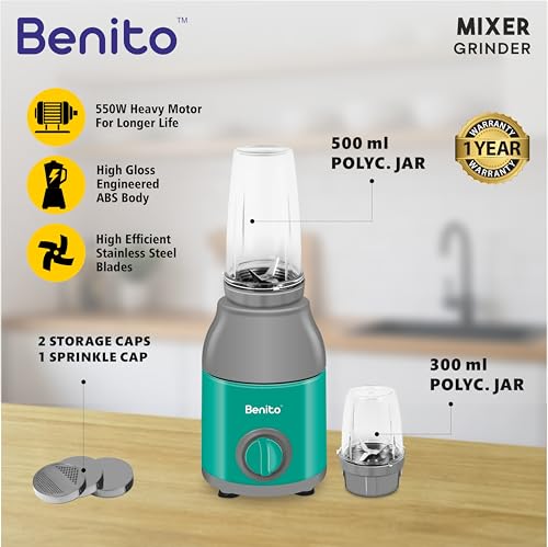 Image of Benito PRESSIO Nutri Mixer Grinder 550 watt with 2 Jars | Durable Shockproof ABS Body | Powerful Motor with Advanced Grinding Technology | Elegant Green & Gray Finish come with 1-Year Warranty