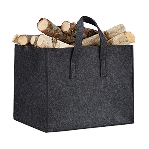 Relaxdays Kaminholzkorb aus Filz, HxBxT: 34,5 x 43 x 36,5 cm, 2 Griffe, faltbar, Zeitungshalter...