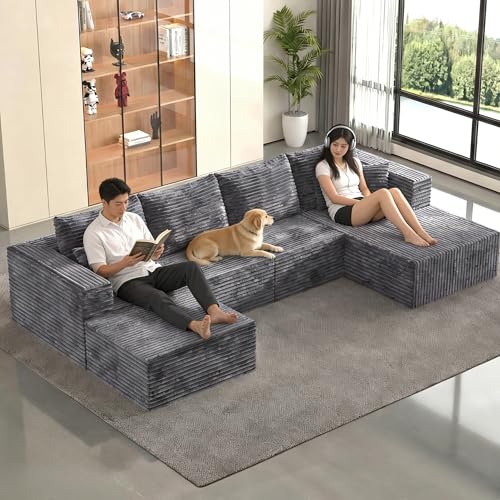 Image of 138 inch Modular Sectional Sofa, U-Shaped Cloud Couch with Deep Seats & Chaise, Convertible Corduroy Boneless Couches for Living Room, No-Assembly - Grey (Right Facing Chaise)