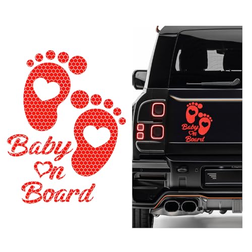 Image of Baby on Board Car Sticker, High Intensity Reflective Baby on Board Footprint Safety Warning Decal, Waterproof Kids on Board Baby in Car Feet Decal Sticker for Bumper (Red)