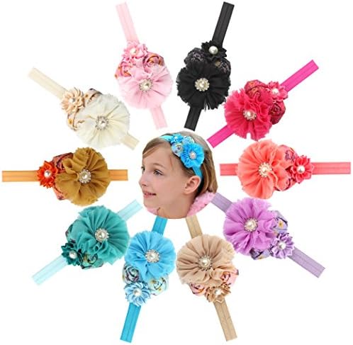 Queengirls Baby Girls Shabby Flower Headbands Newborn Hair Bows(Pack of 10colors)