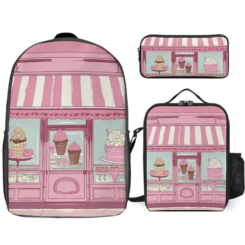 3 Piece Backpack for Women Men Lightweight Causal Daypack Shoulder Bag Set with Insulated Lunch Bag And Pencil Case Organizers Ice Cream Store