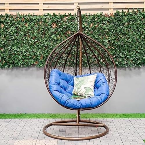 Image of HUMAIRA OUTDOOR FURNITURE Single Seater Swing Chair with Stand & Cushion Outdoor Indoor Balcony Garden Patio,Powder Coated Frame,UV Protected Wicker,Cushion (Swing-Brown /Cushion-Blue)