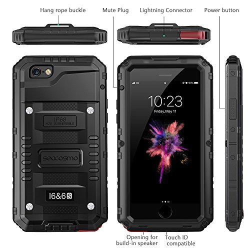 Seacosmo Iphone 6/6S Case, Military Grade Ip68 Waterproof Dustproof Shockproof Full Body Sealed Underwater Case With Built-In Screen Protector Heavy Duty Metal Rugged Case For Iphone 6/6S, Black #TOP3
