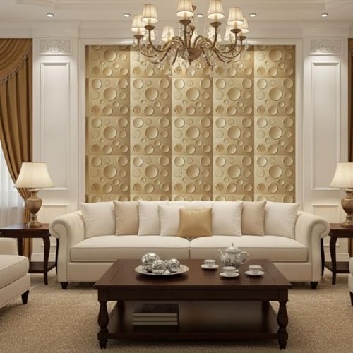 Image of Kayra Decor 3D PVC Wall Panels - Circle Embossed Design, Gold Color, 19.7 inch x 19.7 inch (Pack of 12) | Covers 32.28 Sq. Ft. |
