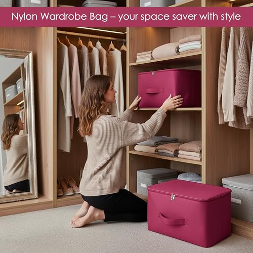 Image of Storite 6 Pack Nylon Wardrobe Bag Underbed Cloth Storage Organizer | Moisture Proof Storage box for Clothes Saree Bags with Zippered Closure & Handle (Magenta, 37x35x23 cm) Square