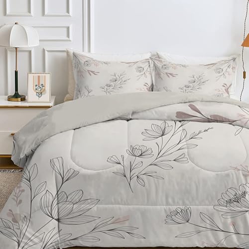 Qiwagu Couette 4 Saisons 240x260 cm Gris, Couette Imprimée Plantes Fleurs pour lit 2 Personnes, Couette Réversible sans Housse, Lavable en Machine, Couette...