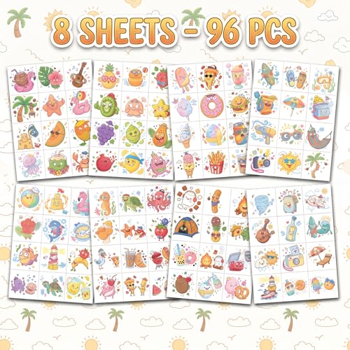 Image of 96 PCS Funny Summer Temporary Tattoos for Kids | Cute Tropical Beach Waterproof Fake Tattoo Stickers, Silly Vacation Birthday Party Favors, Rewards Gifts for Boys Girls