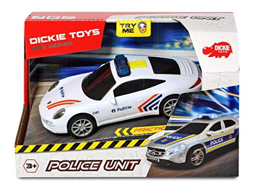 Dickie Toys – Belgisk polisbil Porsche, 15 cm, 1–32, friktion, ljus och ljud, från 3 år