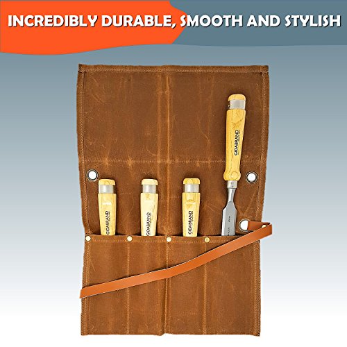 Professional Wood Chisel Set with Tools Roll Bag – Carving & Woodworking Equipment with Chrome Vanadium Steel Blades & Ergonomic hardwood Handles – Sizes 6mm, 13mm, 18mm, 24mm (1/4”, 1/2”, 3/4”, 1”)