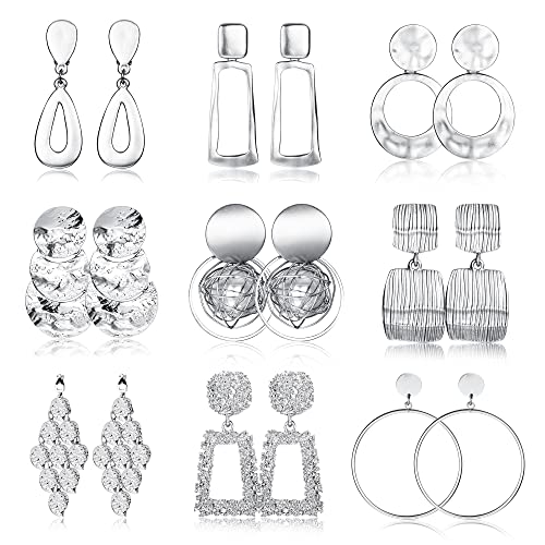 Subiceto 9 Pairs Clip on Earrings for Women Statement Clip On Earrings 14K Gold Plated Large Geometric Clip Earrings Square Rectangle Round Clip Dangle Earrings Non Pierced Earrings Set