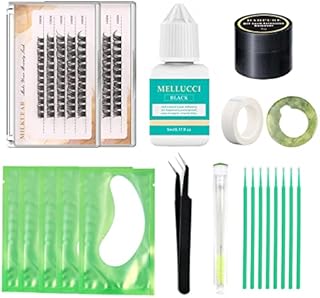 MELLUCCI DIY Lash Extension Kit, Strong Hold Sensitive Eyelash Extension Glue, Cluster Lashes Set D curl 10-16mm, Glue Remover, Tweezers and Jade Stone Complete Lash Extension Supplies for Home Use