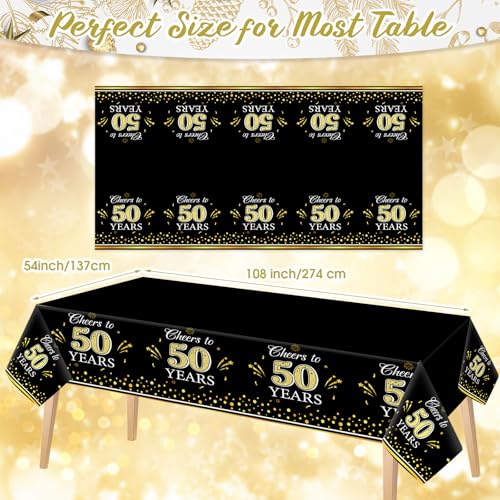 Image of Ganeen 3 Pack 50th Birthday Tablecloth, Black and Gold 50th Birthday Decorations Disposable Plastic Cheers to 50 Years Table Cover Rectangular Party Supplies for Men Women, 54 x 108 Inch