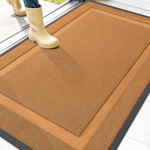 Image of OLANLY Front Door Mat Indoor Outdoor Entrance, Waterproof All-Season, All-Weather Doormat, Sturdy Natural Rubber, Low Profile, Easy Clean Patio Porch Entryway Mat, 47x32, Tangerine Orange