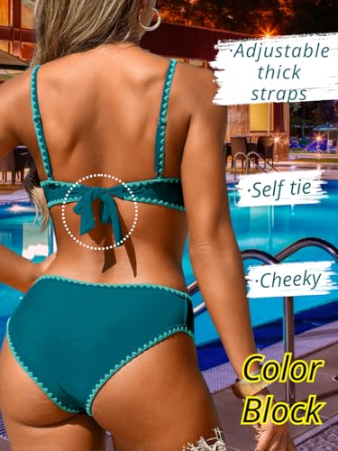 Women Sexy 2 Piece Molded Cup Bikini Set, Underwire Push Up Bathing Suit, Color Block Shell Stitched Cheeky Swimsuit3