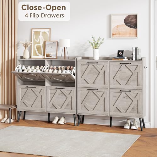 Image of Nicetree Shoe Cabinet with 4 Flip Drawers, Freestanding Shoe Organizer Cabinet, Farmhouse Narrow Shoe Storage Cabinet for Entryway, Foyer, Hallway