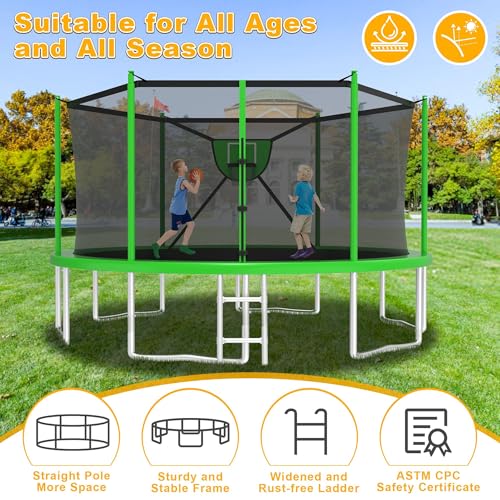 2025 Upgrade 1500LBS Outdoor Tranpoline for Kids and Adults 【Easy to Install & Built to Last】 10FT 12FT 14FT 16FT Recreational Tranpolines with Net, Basketball Hoop and Ladder, ASTM Approved