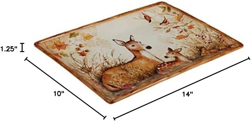 Pine Forest Rectangular Ceramic Serving Platter – 14" x 10" Fall Woodland Animal Tray Featuring Deer & Autumn Leaves – Ideal for Holiday Roasts, Cookies, Appetizers & Thanksgiving Meals