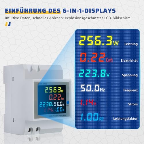 Image of Single Phase Energy Meter, AC 40-300V 100A Electric Meter 1 Phase Wattmeter DIN Rail Meter Watt KWh Voltmeter Ammeter with LCD Display, Suitable for Power Supply Systems
