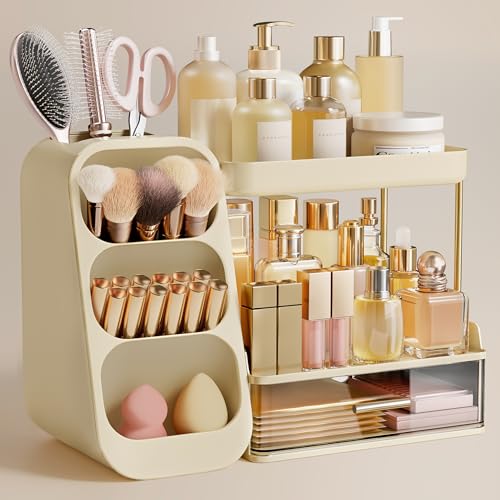 Image of HBlife Bathroom Organizers and Storage with Brush Holder for Vanity, 3 Tier Plastic Makeup Organizer for Dresser Counter, Skincare, Lipstick, Perfume, and Cosmetic Storage, Beige