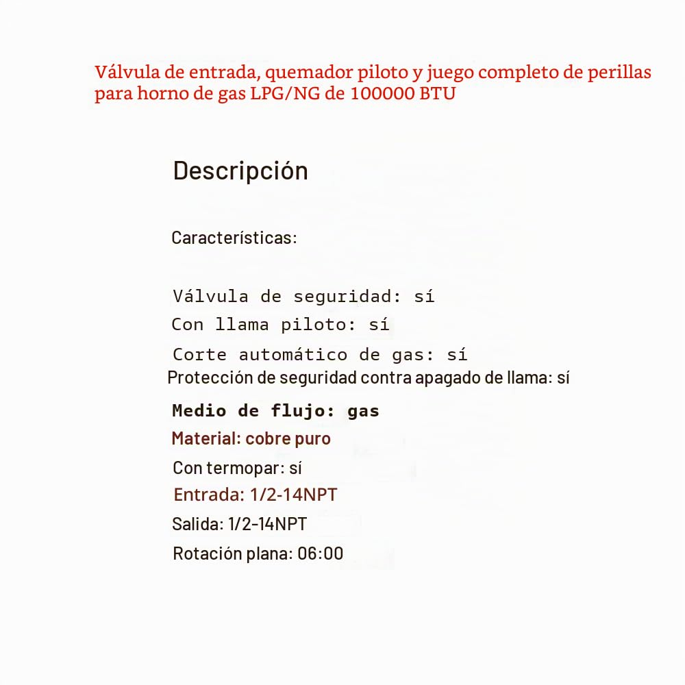 METER STAR 100000BTU LPG/NG - Válvula de entrada para horno de gas, quemador piloto con termopar M10x1 de 0,9 metros y cable de encendido, incluye juegos completos de perilla