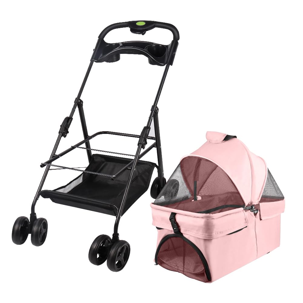 Passeggino pieghevole cane gatto cestino portaoggetti porta con cesto portaoggetti e portabicchieri, bicchieri in tessuto Oxford 300D impermeabile 4 ruote, 50 x 65 x 99 cm, rosa