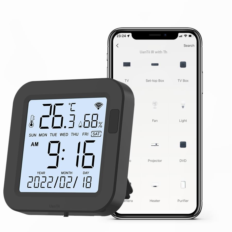 UanTii Smart IR Remote Control with Temperature Humidity Tuya Wifi Universal Infrared Remote with Time Date Display for AC TV Fans App Remote Control Support Alexa and Google Home (With Backlight)