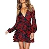 UGUEST Women Long Sleeve V Neck Dress Floral Mini Swing Party Wedding Dress with Belt Charcoal Red L