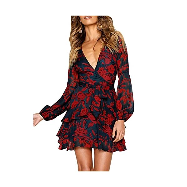 UGUEST Women Long Sleeve V Neck Dress Floral Mini Swing Party Wedding Dress with Belt Charcoal Red L