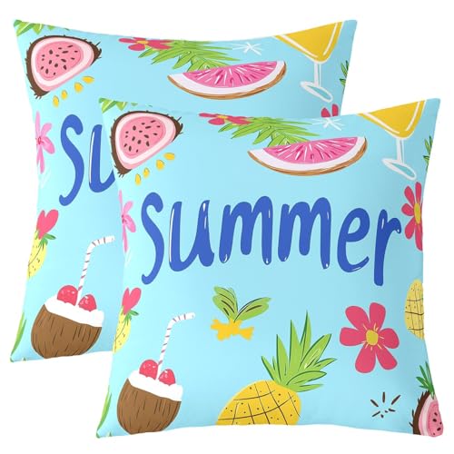 Homewish Lot de 2 Housse de Coussin 45x45 Bon Été,Taie d'oreiller Fruits Délicieux,Housse d'oreiller Citron de Noix de Coco,Taie Oreiller Fleurs Roses