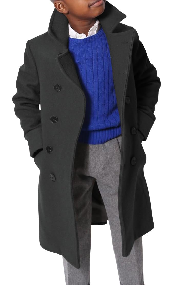 Ebifin Boys Notch Lapel Double Breasted Long Trench Coat Casual Classic Peacoat