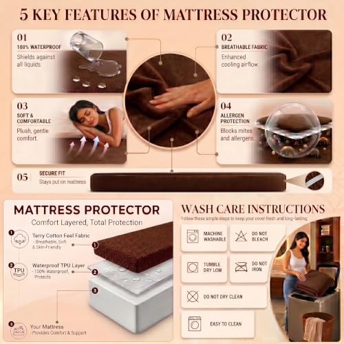 Image of Lithara Terry Cotton Fitted Mattress Protector for Single Bed | Waterproof & Elastic Band | Ultra Soft & Hypoallergenic Mattress Cover | Size : 36 x 72 Inches (3 x 6 Feet) | (Coffee)