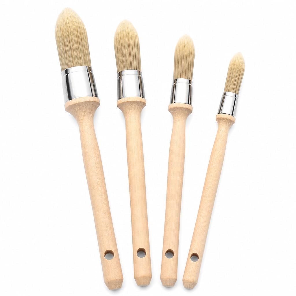 4PCS Sash Paint Brush Set, Round Paint Furniture Brush with Wooden Handles