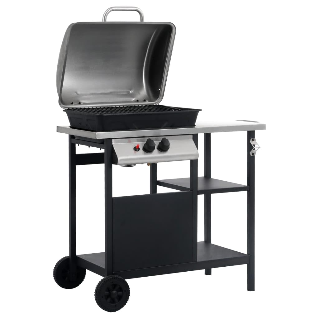 vidaXL Barbecue e Griglia a Gas a 3 Ripiani Tavolinetto Nero e Argento